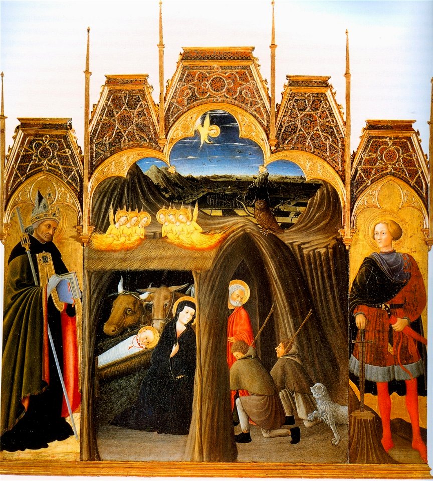 Pietro di Giovanni d'Ambrogio. Nativity with sts Agostino and Galgano. 1430-35. Asciano, Museo de Arte Sacra.