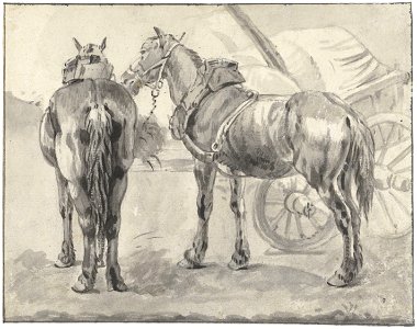 Pieter van Bloemen - Two Driving Horses near a Cart. Free illustration for personal and commercial use.