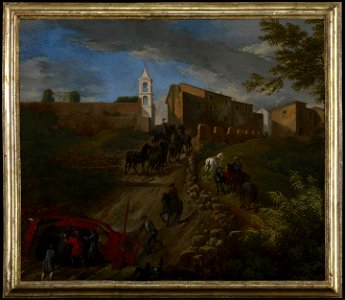 Pieter van Bloemen; Formerly attributed to G. Vanvitelli - Coach and Travelers at Madonna del Riposo Near Rome - 69.93 - Minneapolis Institute of Arts. Free illustration for personal and commercial use.
