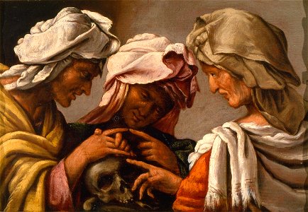Pietro della Vecchia - Elderly women with a skull. Free illustration for personal and commercial use.