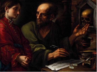 Pietro della Vecchia - An alchemist instructing a young apprentice in his studio. Free illustration for personal and commercial use.