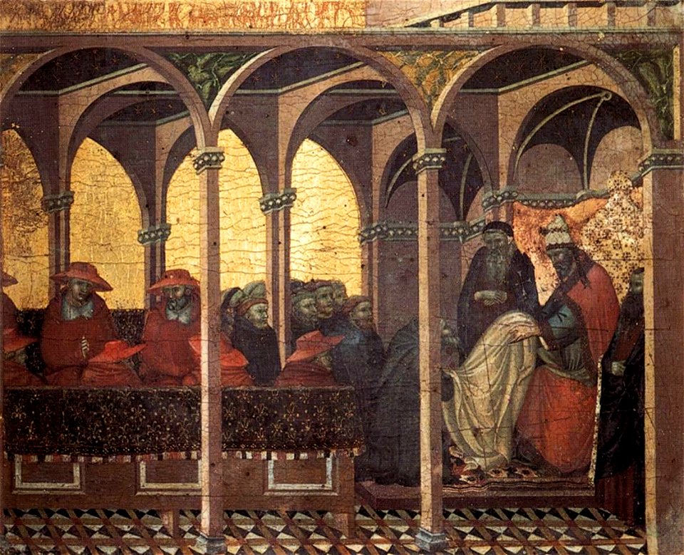Pietro Lorenzetti - Predella panel - The Approval of the New Carmelite Habit by Pope Honorius IV - WGA13544