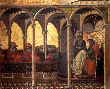 Pietro Lorenzetti - Predella panel - The Approval of the New Carmelite Habit by Pope Honorius IV - WGA13544