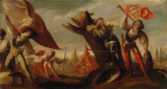 Pietro della Vecchia - Landscape with a soldier sounding a trumpet and a standard bearer, a military encampment beyond
