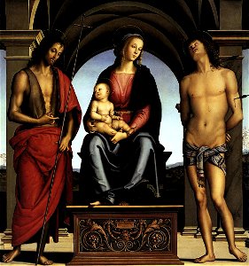 Pietro Perugino - The Madonna between St John the Baptist and St Sebastian - WGA17289. Free illustration for personal and commercial use.