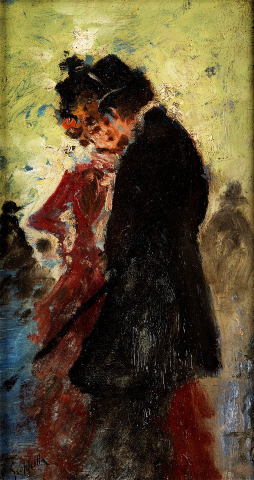 Pietro Scoppetta Herr im Zylinder mit Dame in rotem Kleid