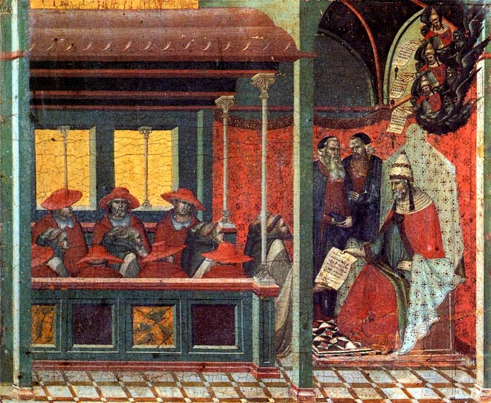 Pietro Lorenzetti - Predella panel - The Pope Issues a Bull to a Carmelite Delegation - WGA13543