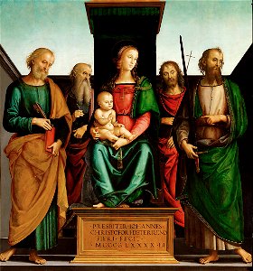 Pietro Vannucci, gen. Perugino, , Kunsthistorisches Museum Wien, Gemäldegalerie - Maria mit Kind und den Hll. Petrus, Johannes Evangelist (^), Johannes d. Täufer und Paulus - GG 151 - Kunsthistorisches Museum