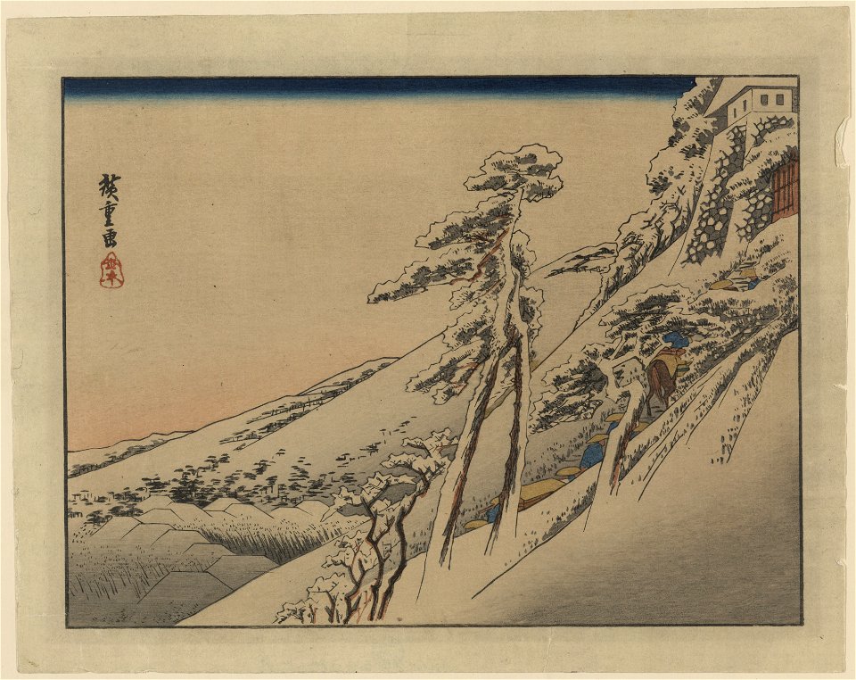 Pilgrims ascending snow-covered hillside toward temple at summit LCCN2009615503