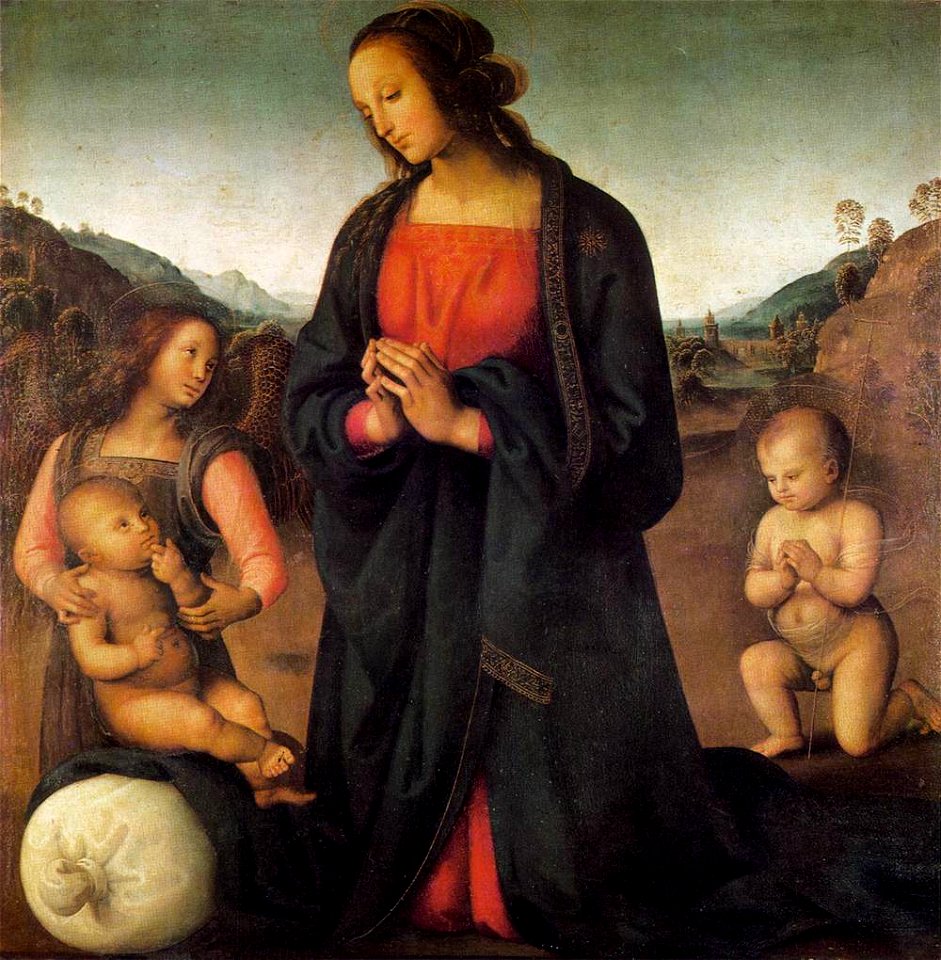 Pietro Perugino - Madonna, an Angel and Little St John Adoring the Child (Madonna del sacco) - WGA17288