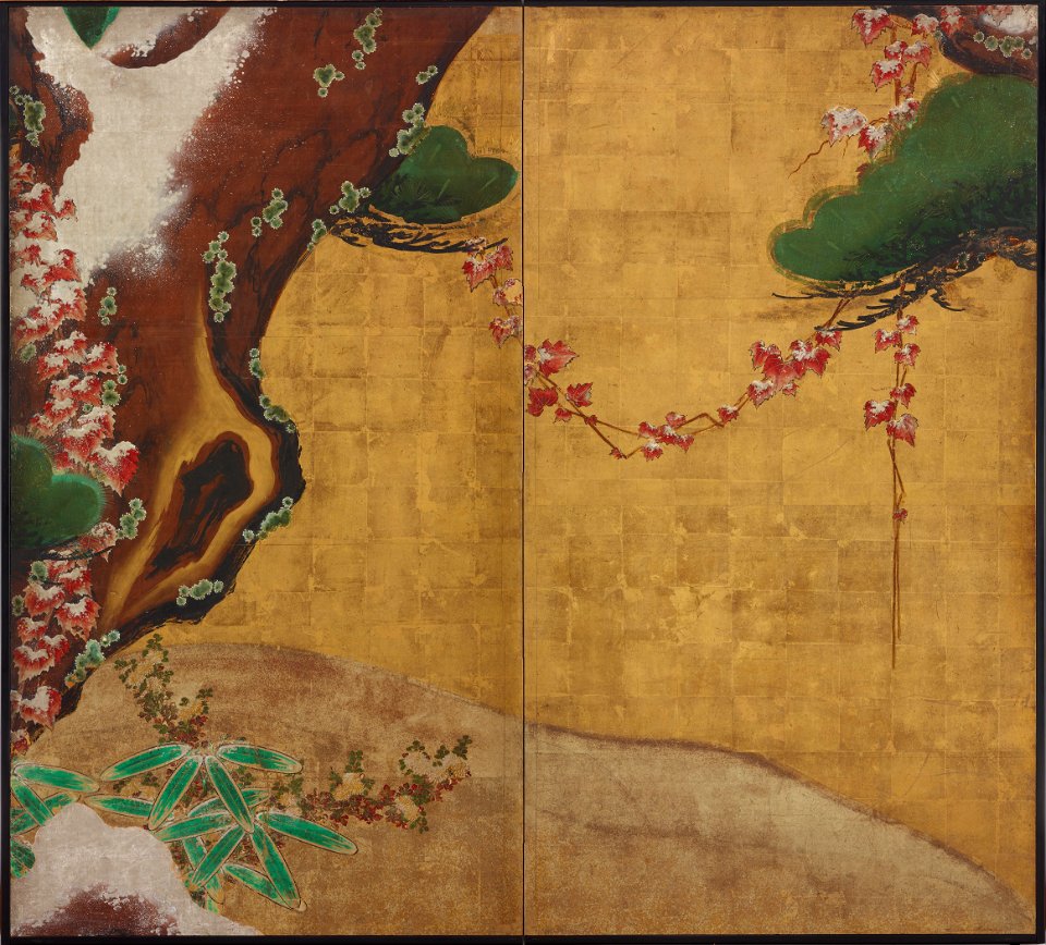 Pine tree, autumn foliage, flowers and snow - Google Art Project
