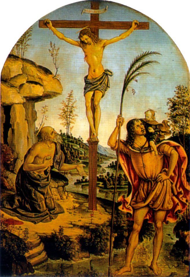 Pinturicchio, crocifissione con san girolamo e san cristoforo