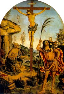 Pinturicchio, crocifissione con san girolamo e san cristoforo. Free illustration for personal and commercial use.