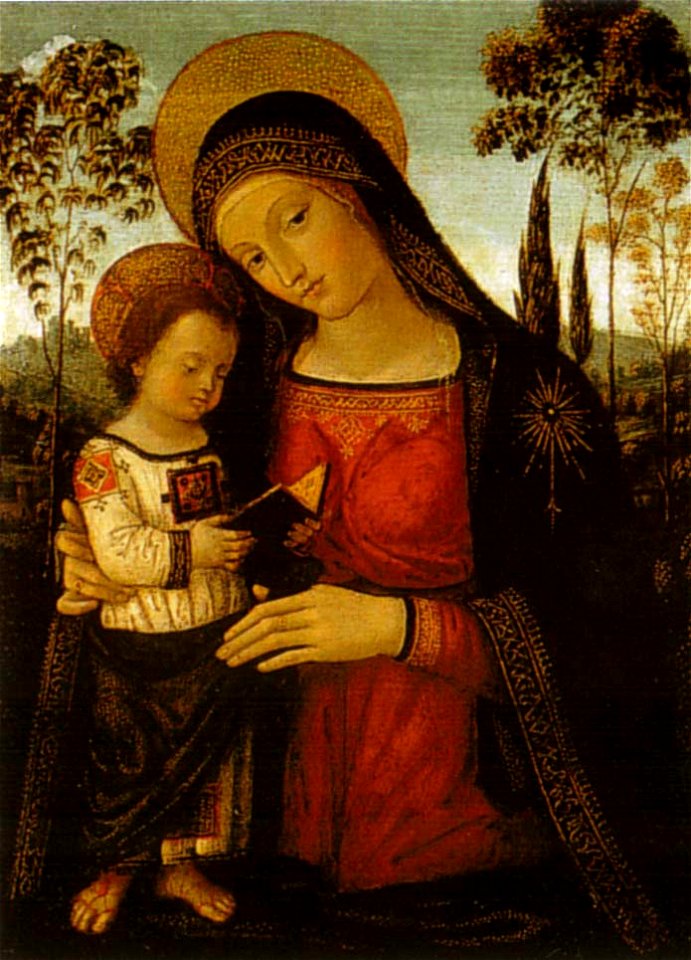 Pinturicchio, madonna col bambino leggente, 1494-98, 33,7x25,4 cm, raleigh, north carolina museum of art