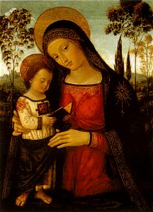 Pinturicchio, madonna col bambino leggente, 1494-98, 33,7x25,4 cm, raleigh, north carolina museum of art