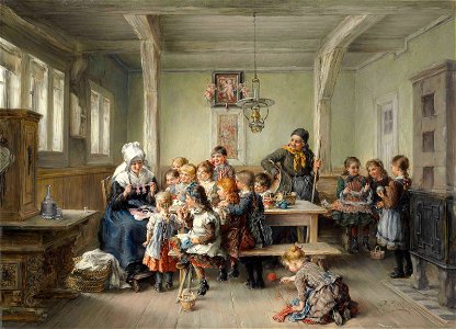 Otto Piltz - Mädchen beim Stricken und Scherenschnitt