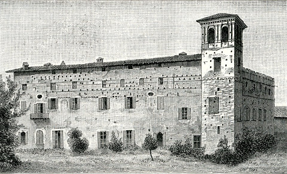 Pinarolo Po antico castello dei Malaspina xilografia di Barberis
