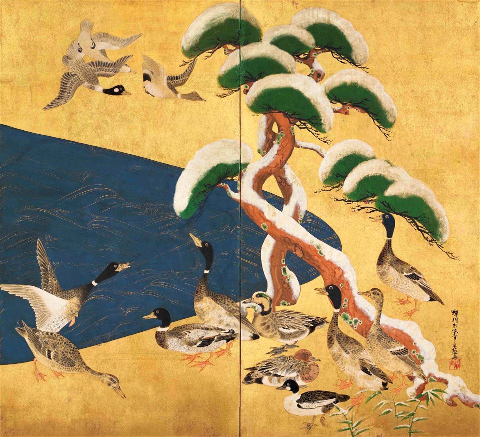 Pines and Birds in the Snow by Ogata Korin (Okada Museum of Art)
