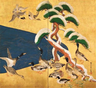 Pines and Birds in the Snow by Ogata Korin (Okada Museum of Art)
