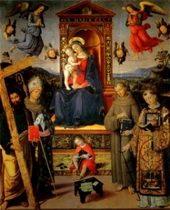 Pinturicchio, madonna in trono e santi, 1507-1508, 318x257 cm, spello, chiesa di sant'andrea. Free illustration for personal and commercial use.