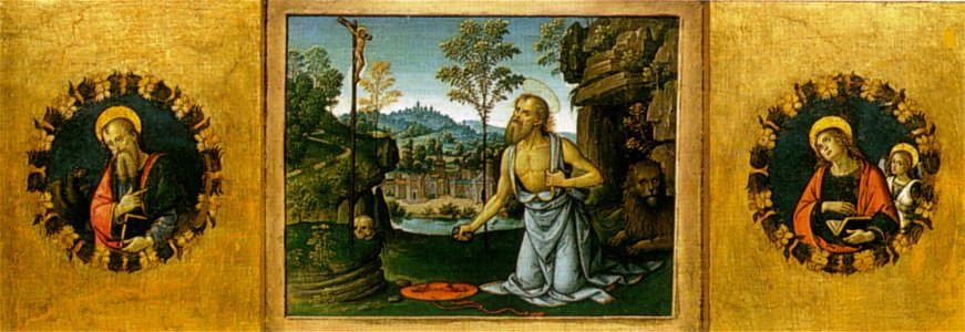 Pinturicchio, pala di santa maria dei fossi, predella, san girolamo nel deserto. Free illustration for personal and commercial use.