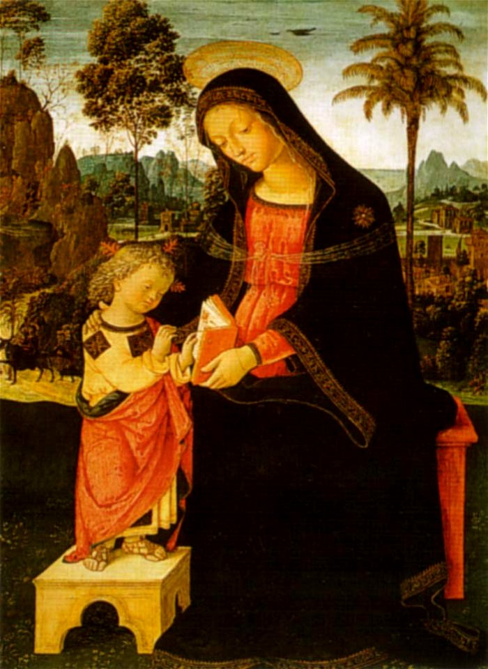 Pinturicchio, madonna col bambino scrivente, 1494-98, 61x41,6 cm, philadelphia, museum of art