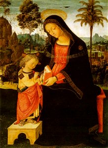 Pinturicchio, madonna col bambino scrivente, 1494-98, 61x41,6 cm, philadelphia, museum of art