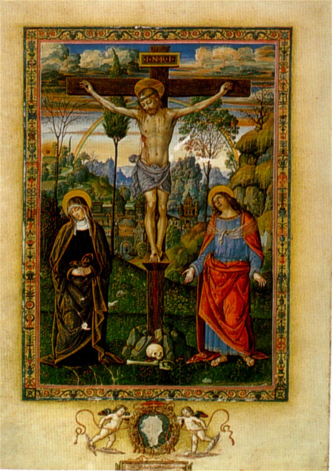 Pinturicchio, Crocifissione con dolenti (Barb. Lat. 614, c. 219), 1502 circa, foglio miniato, Città del Vaticano, Biblioteca Vaticana