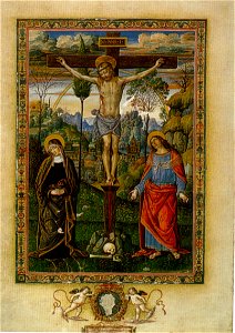 Pinturicchio, Crocifissione con dolenti (Barb. Lat. 614, c. 219), 1502 circa, foglio miniato, Città del Vaticano, Biblioteca Vaticana