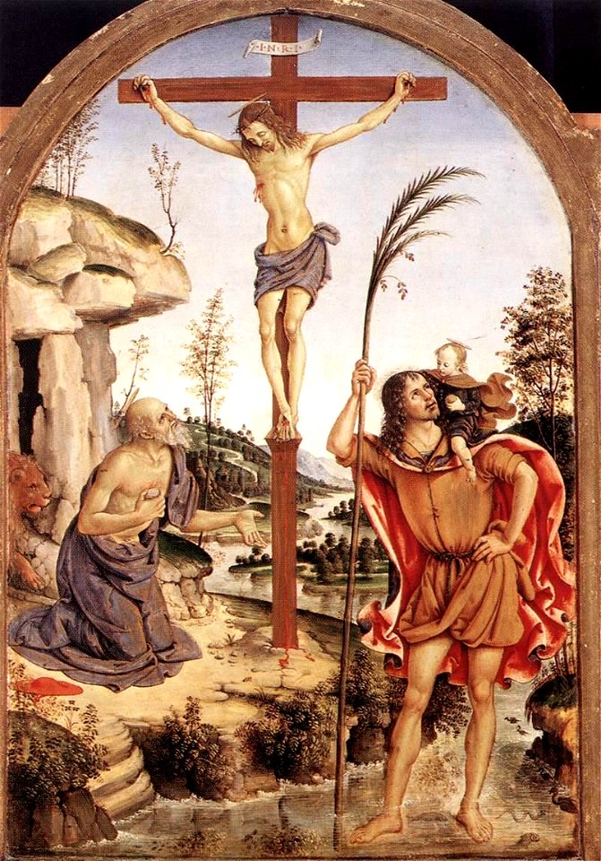 Pinturicchio - The Crucifixion with Sts Jerome and Christopher - WGA17829. Free illustration for personal and commercial use.