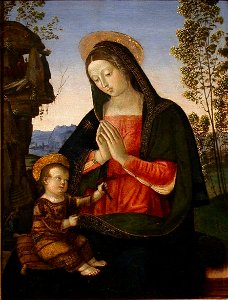 Pintoricchio and assistant - Madonna Adoring the Child, c. 1500. Free illustration for personal and commercial use.