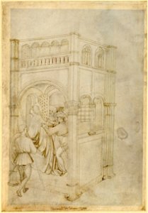 Pisanello - Einkerkerung eines Heiligen, der von drei Schergen in einer gotischen Halle zu einer schmalen Türe gedrängt wird; links vorne ein junger Krieger, 17r