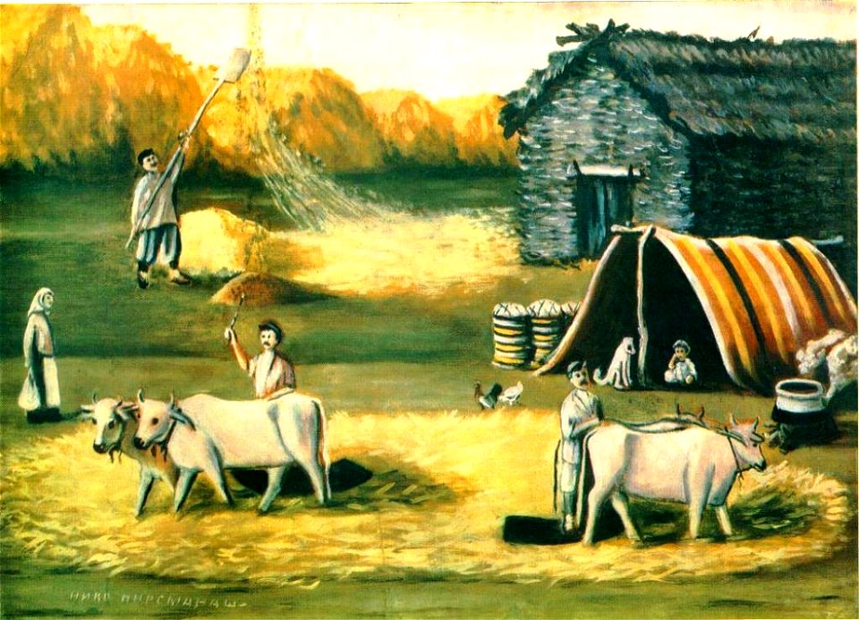 Pirosmani. Threshing-floor. 1916, Oil on cardboard, 72X100
