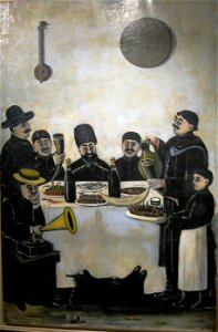 Pirosmani. Tiflis (Tbilisi) Shopkeepers Dining with Phonograph (Oilcloth 176x116)