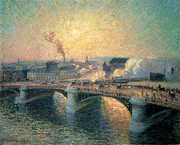 Pissarro - Le pont Boieldieu à Rouen, soleil couchant, 1896. Free illustration for personal and commercial use.