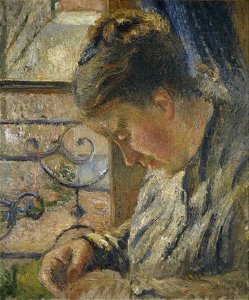 Camille Pissarro - Mme Pissarro sewing beside a Window - Ashmolean Museum. Free illustration for personal and commercial use.