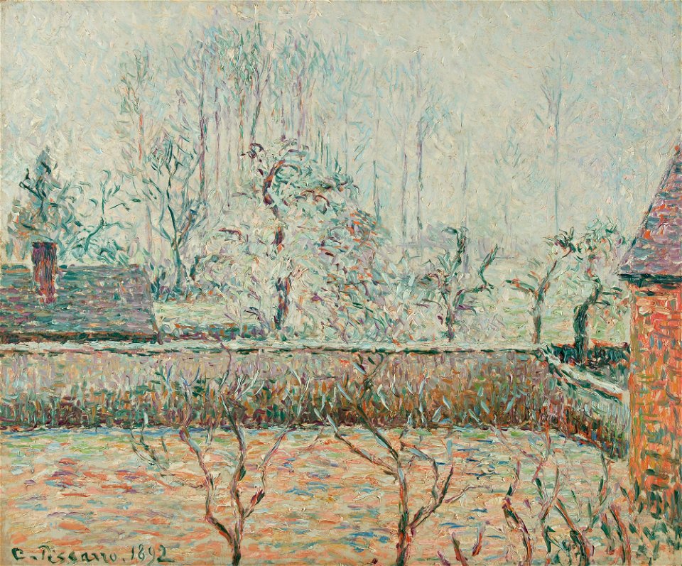 Camille Pissarro - Paysage avec maisons et mur de clôture, givre et brume (1892)