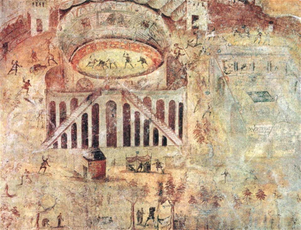 Pittura di pompei con zuffa tra pompeiani e nocerini
