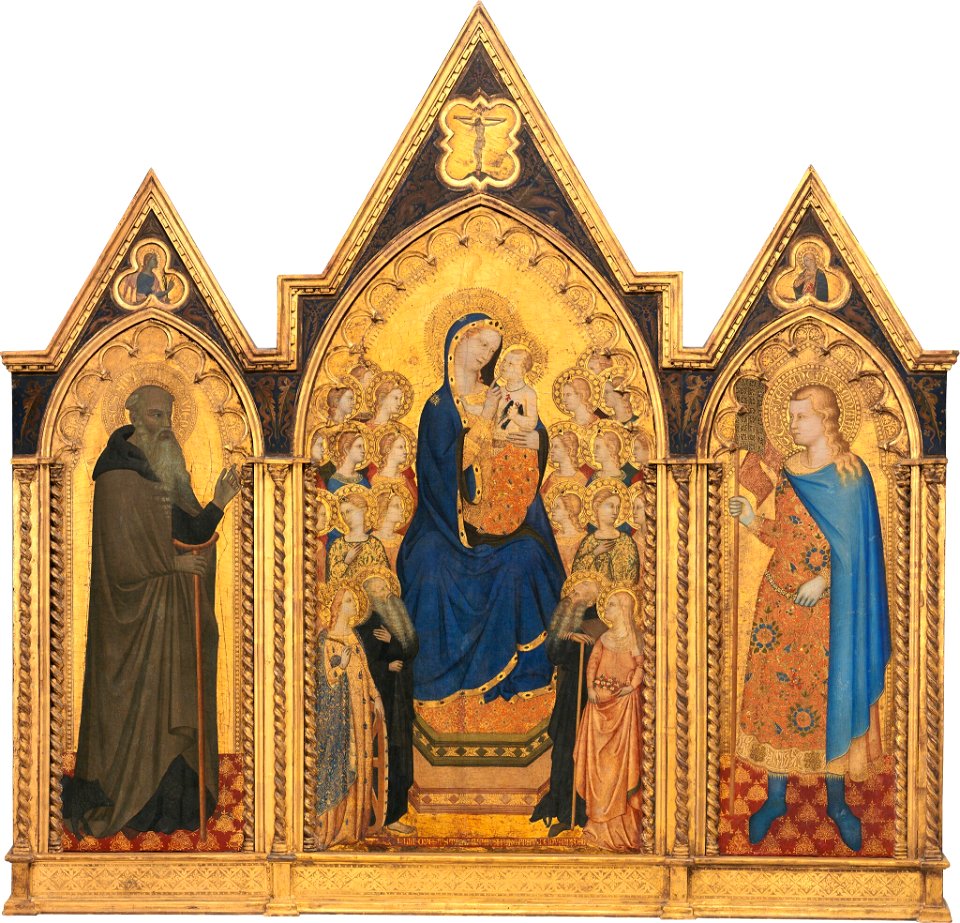 Puccio di Simone and Allegretto Nuzi - Madonna and Child Enthroned with Saints and Angels, and Saints Anthony Abbot and Venantius (entire triptych) - 1937.1.6.a-c - National Gallery of Art