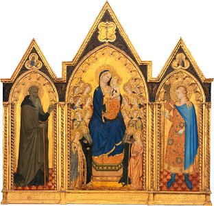 Puccio di Simone and Allegretto Nuzi - Madonna and Child Enthroned with Saints and Angels, and Saints Anthony Abbot and Venantius (entire triptych) - 1937.1.6.a-c - National Gallery of Art. Free illustration for personal and commercial use.