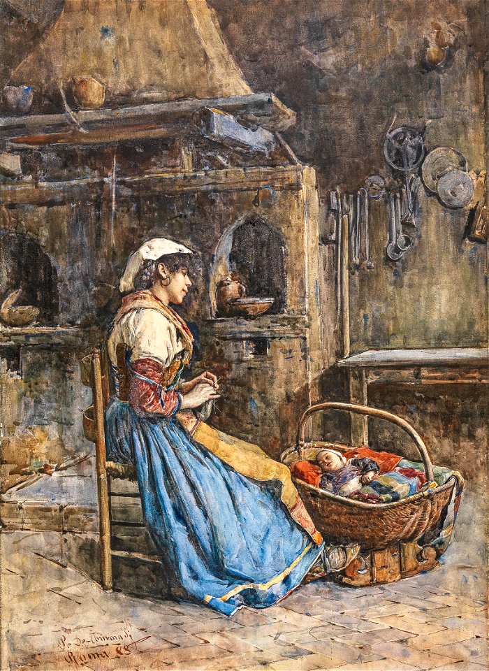 Publio de Tommasi Römerin und Kind in einer Küche 1888