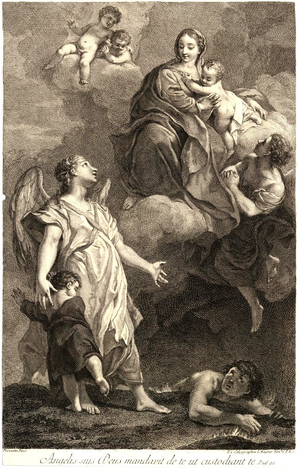 Published by Joseph (Giuseppe) Wagner - A child being protected from the devil by its guardian angel who looks up towards the Virgin and Child in the clouds above; after a painting by Piazzetta, 1951,0714.275