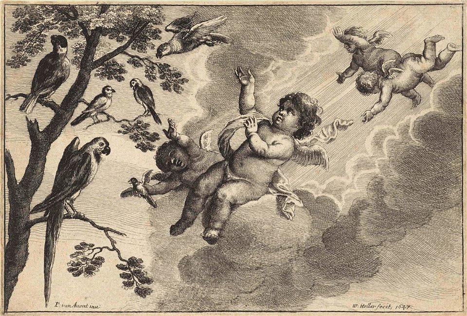 Putti met tropische vogels- het element Lucht