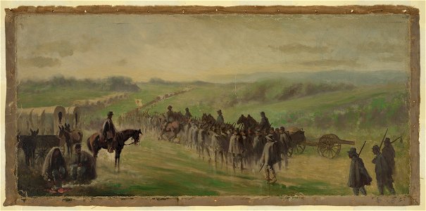 Pursuit of Lee's army. Scene on the road near Emmitsburg - marching through the rain - Edwin Forbes. LCCN2004661897