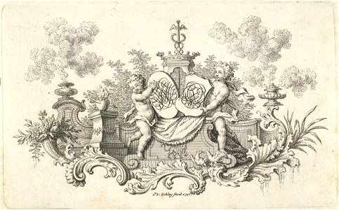 Putti met twee wapenschilden. Free illustration for personal and commercial use.