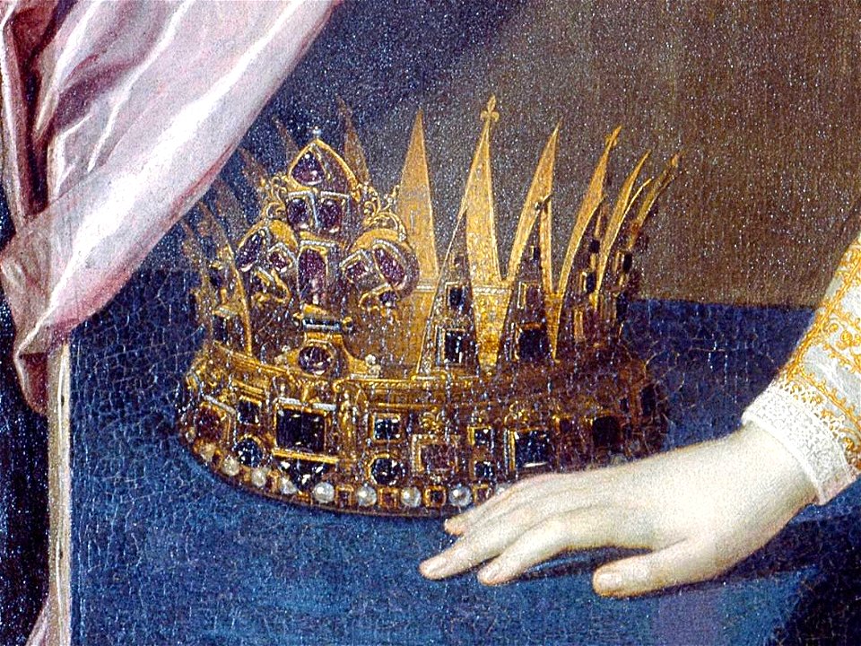 Pulzone, Scipione - Ritratto di Cristina di Lorena (serie aulica, Uffizi, 1590) - dettaglio con la corona granducale di Jaques Bylivelt