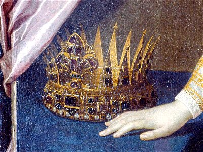 Pulzone, Scipione - Ritratto di Cristina di Lorena (serie aulica, Uffizi, 1590) - dettaglio con la corona granducale di Jaques Bylivelt