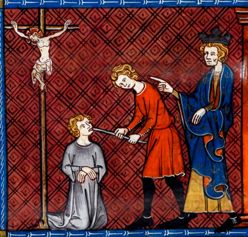Punishment of blasphemer, from Chroniques de France ou de St Denis, 14th century (22727626781)