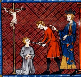 Punishment of blasphemer, from Chroniques de France ou de St Denis, 14th century (22727626781). Free illustration for personal and commercial use.