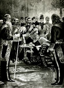 Queen Victoria, pictured at Buckingham Palace as the Lord Chancellor presents the adress of the House of Lords